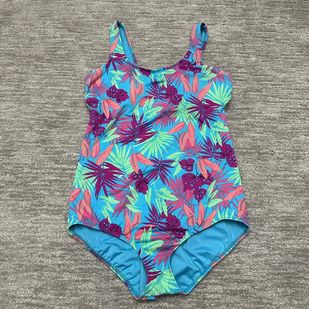 Lands' End Swimsuit Womens 16L Blue Floral Tropical One Piece Bathing Suit